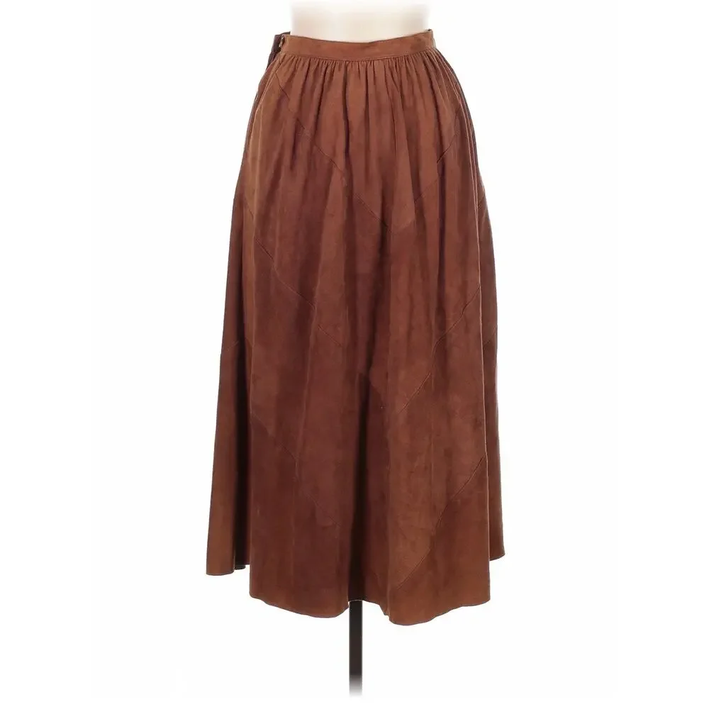 Vintage Brown Cognac A Line Suede Leather Western Midi Skirt 10